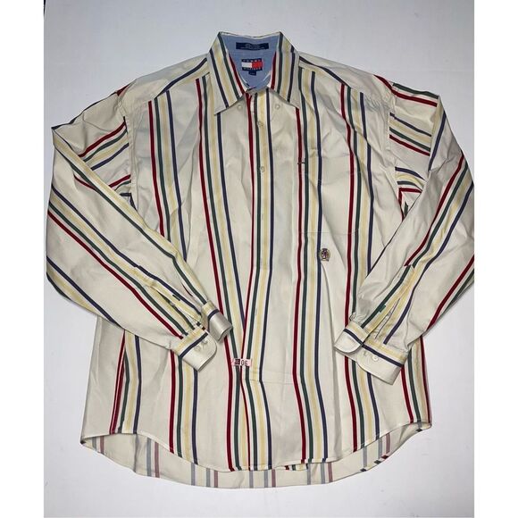 Vintage‎ Tommy Hilfiger Mens Size L Green Red Striped Button Down Shirt 90s A15 - Picture 1 of 6